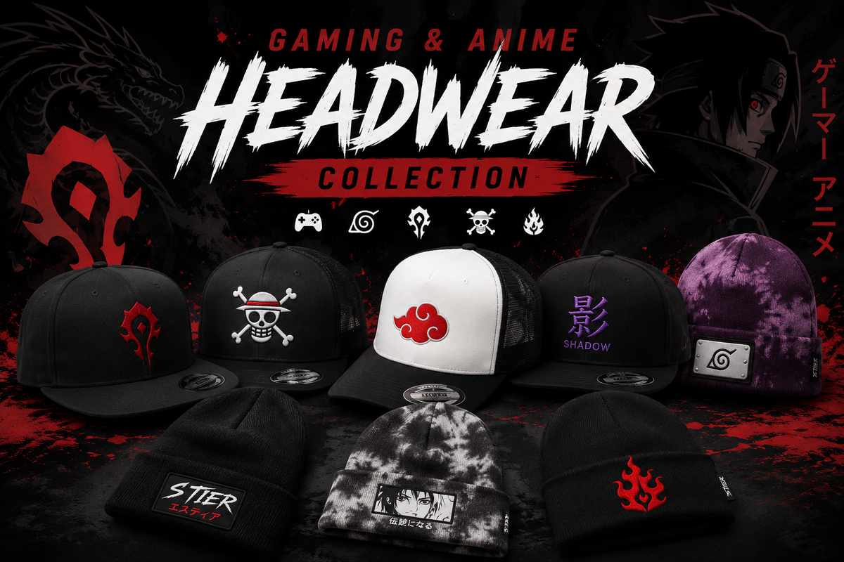Gaming and Anime Collection Display Graphic, featuring Gaming Hats, Beanies and Unique designs, as well as Anime Hats, Beanies and Manga inspired designs.