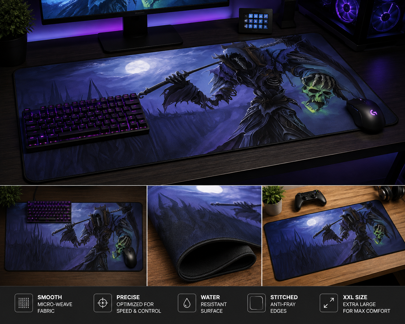 A large desk mat with a dark fantasy grim reaper graphic is shown on a desk with a keyboard and mouse, plus three detail inset images and a feature banner at the bottom. The desk mat artwork depicts a skeletal warrior holding a scythe under a full moon, with a green skull and purple shadows.