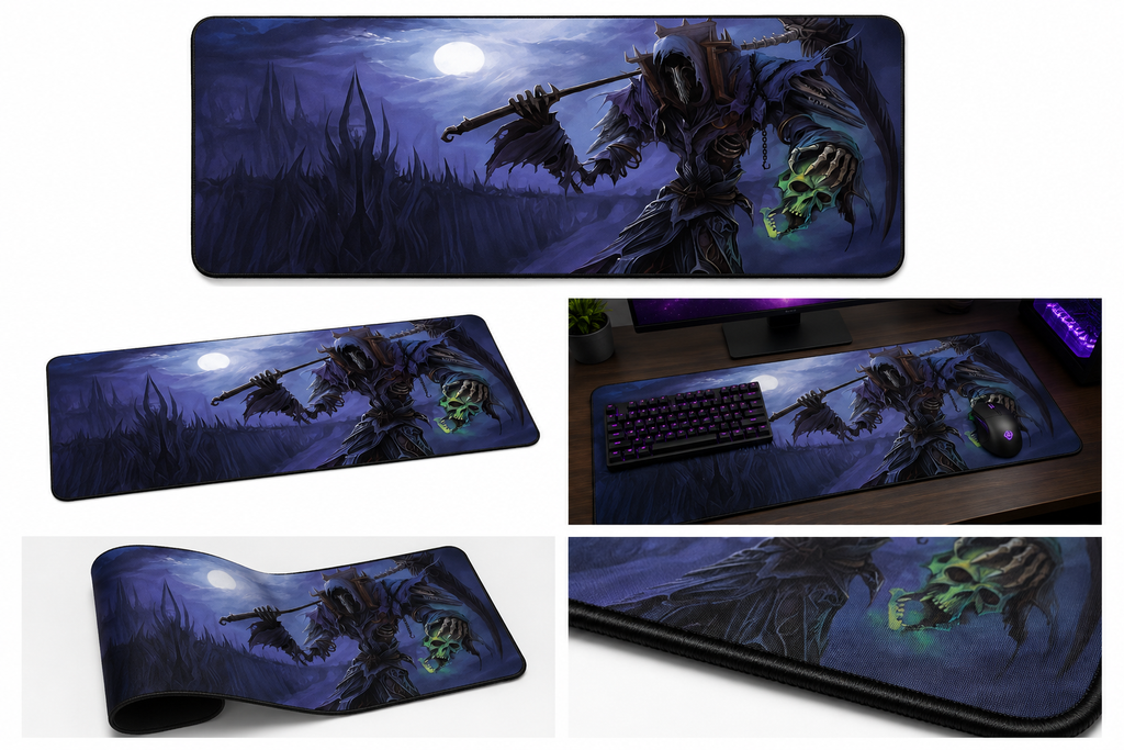 A large gaming desk mat with a dark fantasy illustration of a skeletal warrior holding a scythe under a full moon, shown in multiple views including a top-down layout, a desk setup view with a keyboard and mouse, a curved view, and a close-up detail.