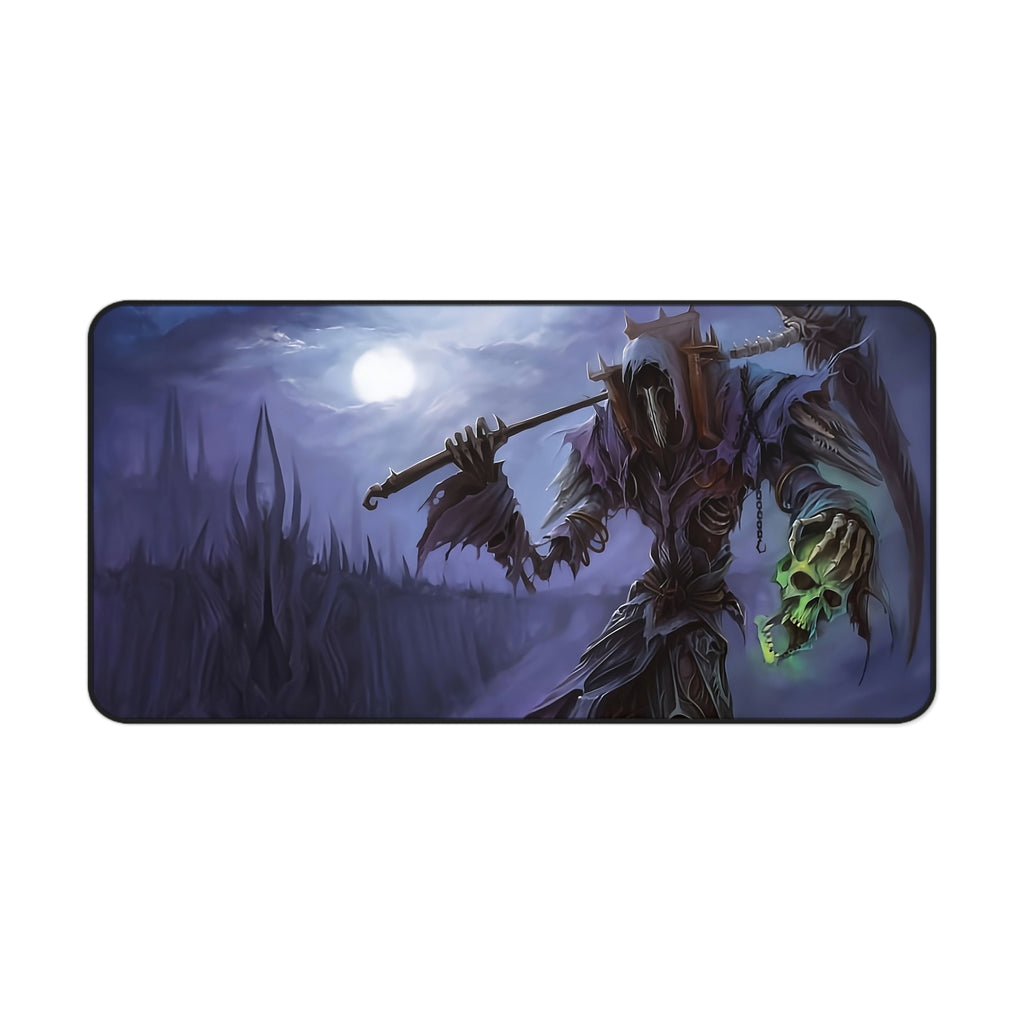 A 16 x 32 rectangular XXL Extended gaming mouse pad with rounded corners, featuring a dark fantasy illustration of a skeletal undead warlock holding a glowing green skull and a long scythe under a full moon