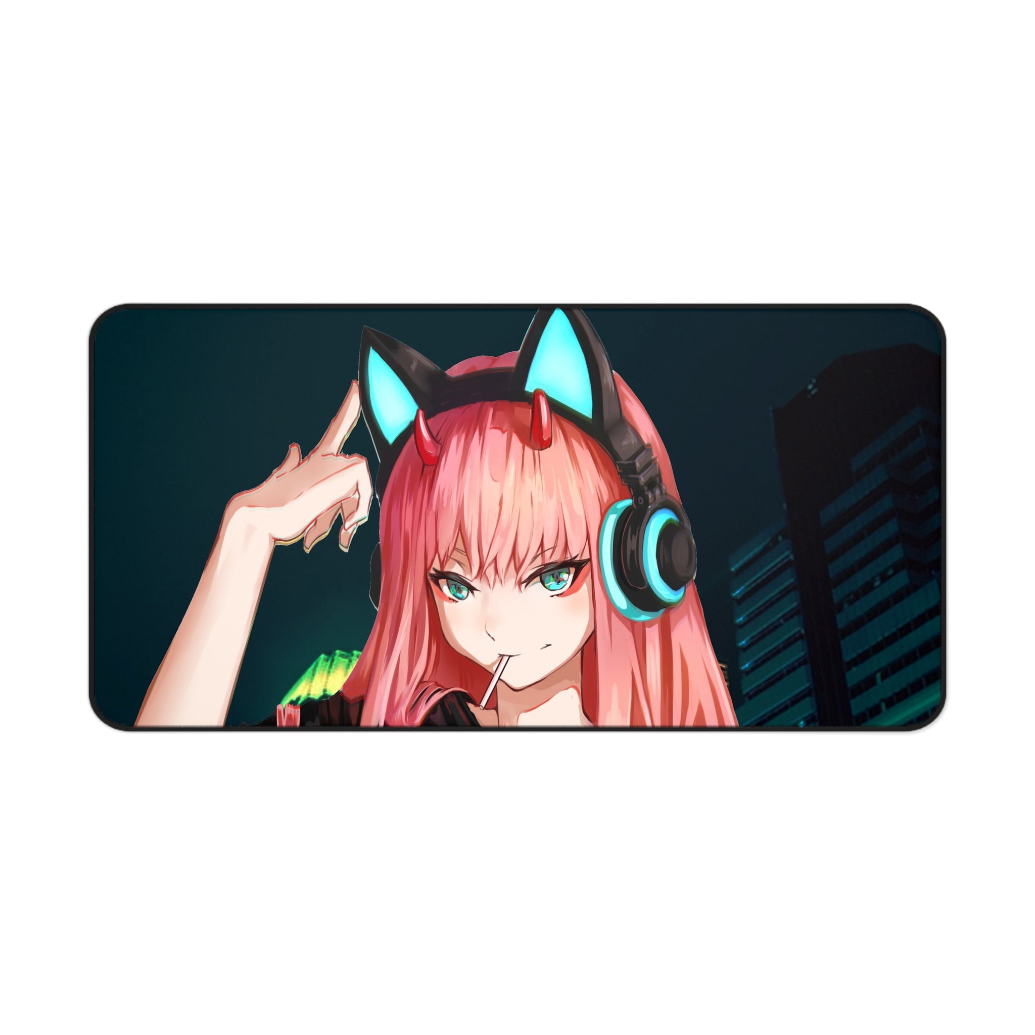 A rectangular 16 x 32 gaming mouse pad with rounded corners featuring an anime-style illustration of a pink-haired girl from Zero Two with glowing cyan cat ears headphones, shown on a plain white background.