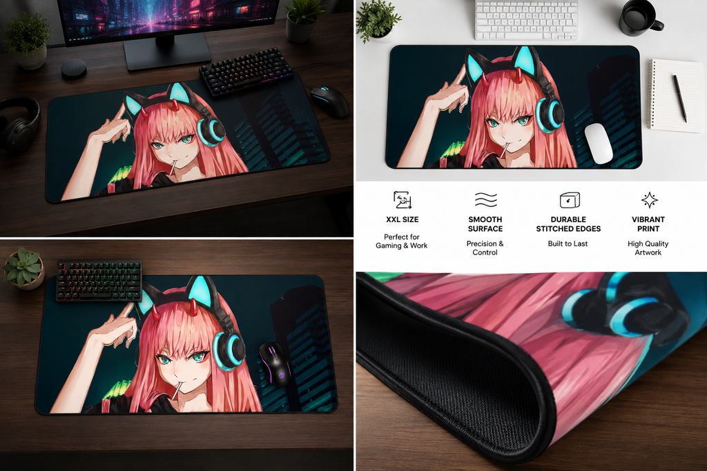 A large desk mat featuring an anime-style illustration of a Zero Two pink-haired girl with teal cat ears and headphones, shown in multiple views on a desk setup. The collage includes a top-down desk scene, a white desk scene, a feature summary panel with icons and text, and a close-up of the stitched edge and inner lining.