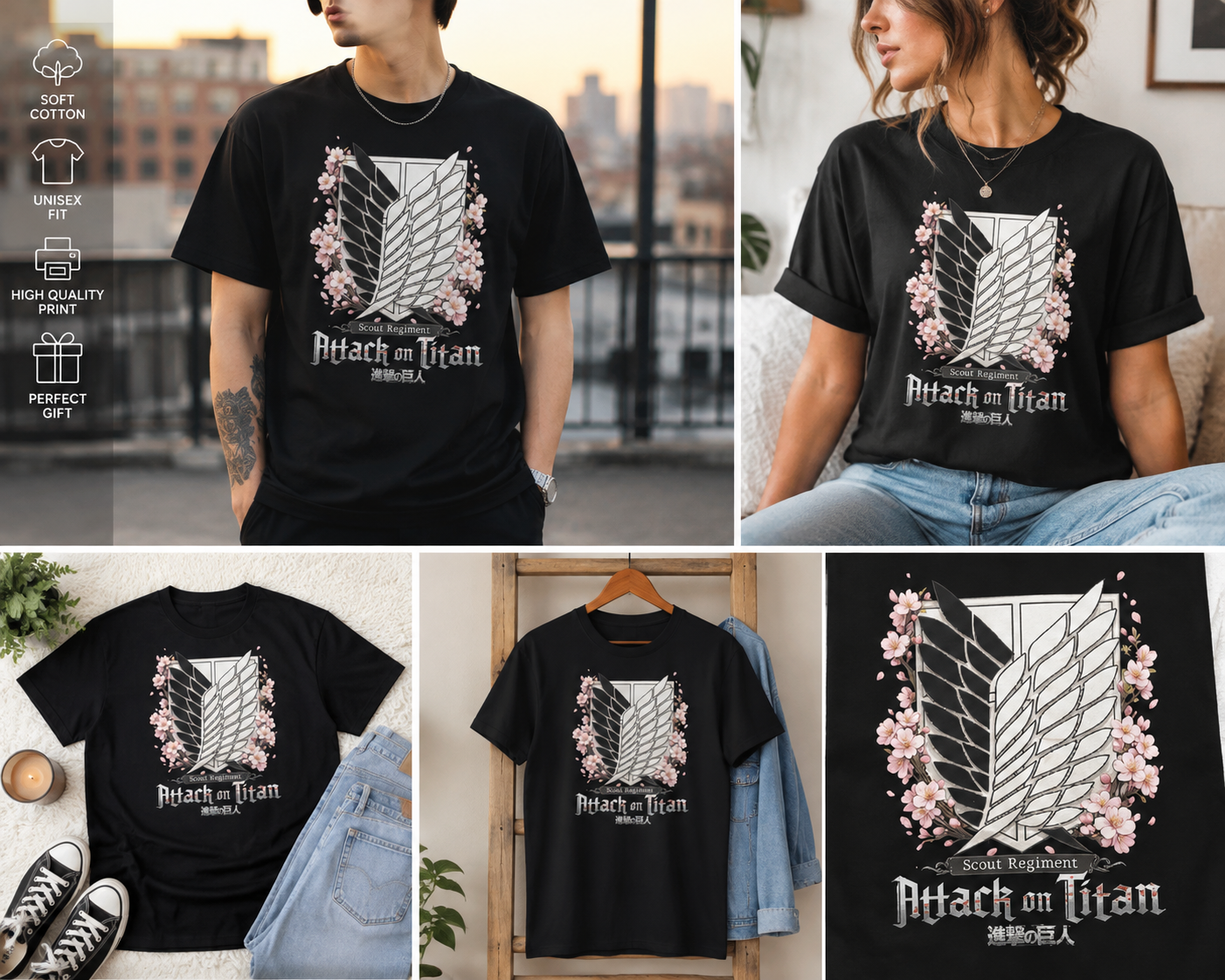 A collage showing a black short-sleeve T-shirt with a large Attack on Titan graphic. The shirt features a white window illustration, pink cherry blossoms, and the Attack on Titan logo.