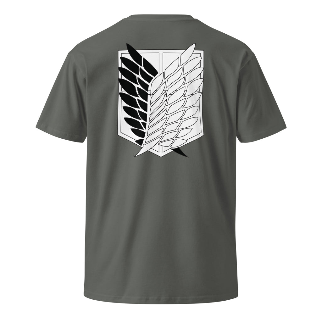 Charcoal Attack on Titan Scout Regiment, Freedom Crest Shirt, displaying the Freedom Crest on the back
