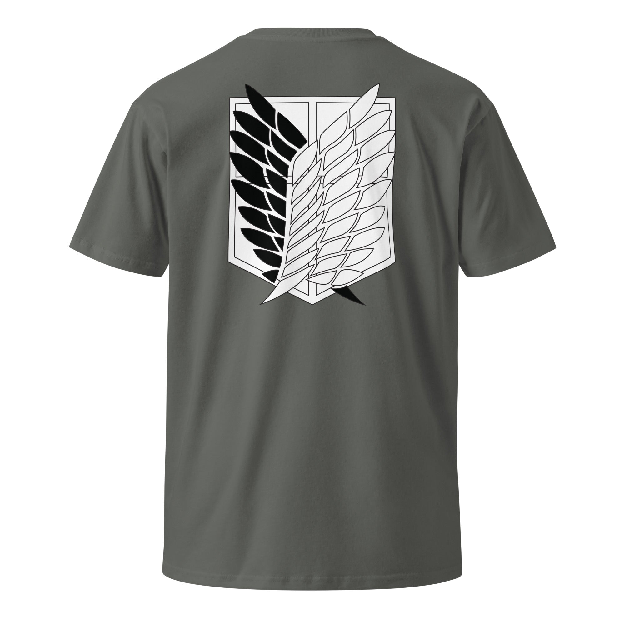 Charcoal Attack on Titan Scout Regiment, Freedom Crest Shirt, displaying the Freedom Crest on the back