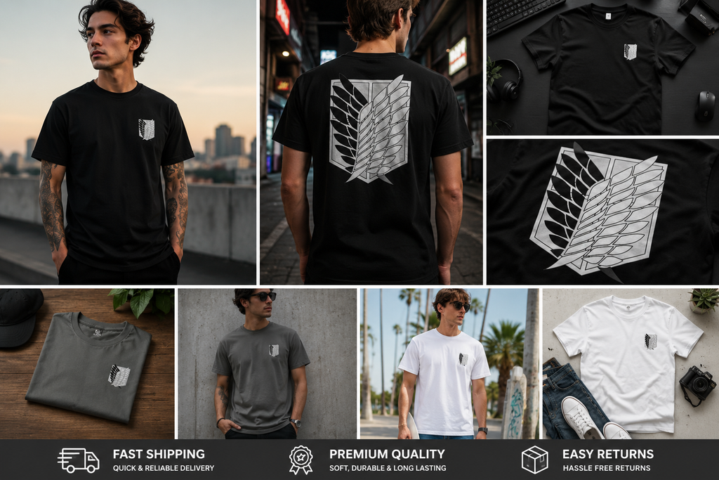 Collage of Black, Charcoal and White Attack on Titan Scout Regiment, Freedom Crest Shirt, displaying the Freedom Crest on the left chest and on the back, displaying on multiple models