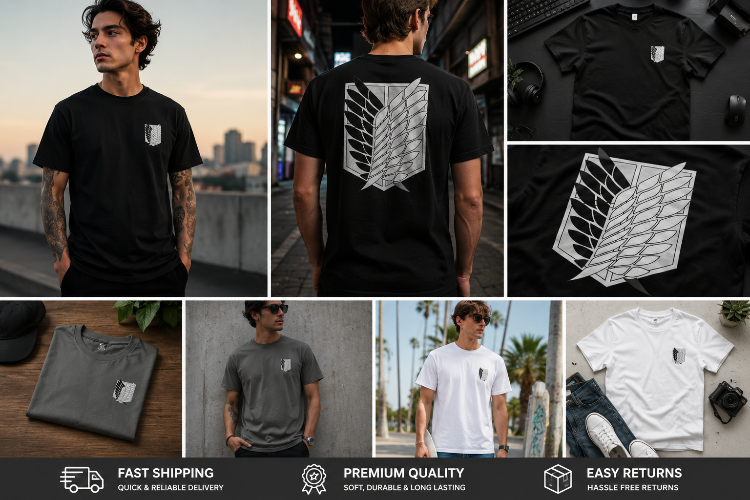 Collage of Black, Charcoal and White Attack on Titan Scout Regiment, Freedom Crest Shirt, displaying the Freedom Crest on the left chest and on the back, displaying on multiple models