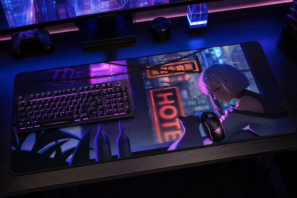 A large gaming desk mat with a cyberpunk anime illustration, shown on a desk with a keyboard, mouse, and controller under purple and blue LED lighting.