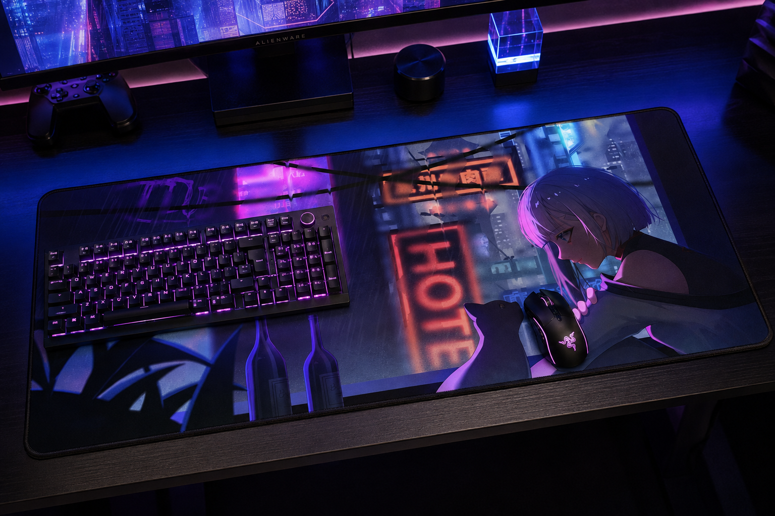 A large gaming desk mat with a cyberpunk anime illustration, shown on a desk with a keyboard, mouse, and controller under purple and blue LED lighting.