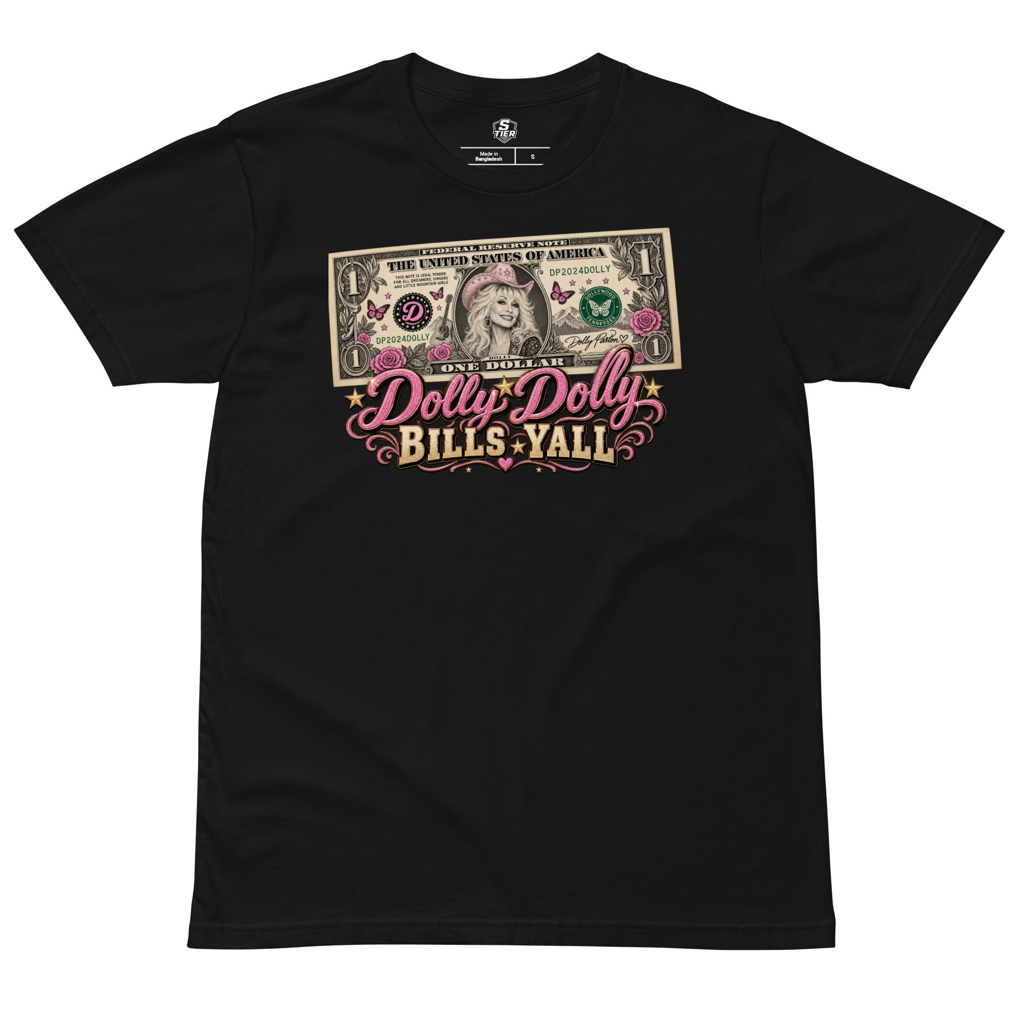 Dolly Parton Dolly Bills Yall Shirt – Black Front View | Funny Country Music Graphic Tee