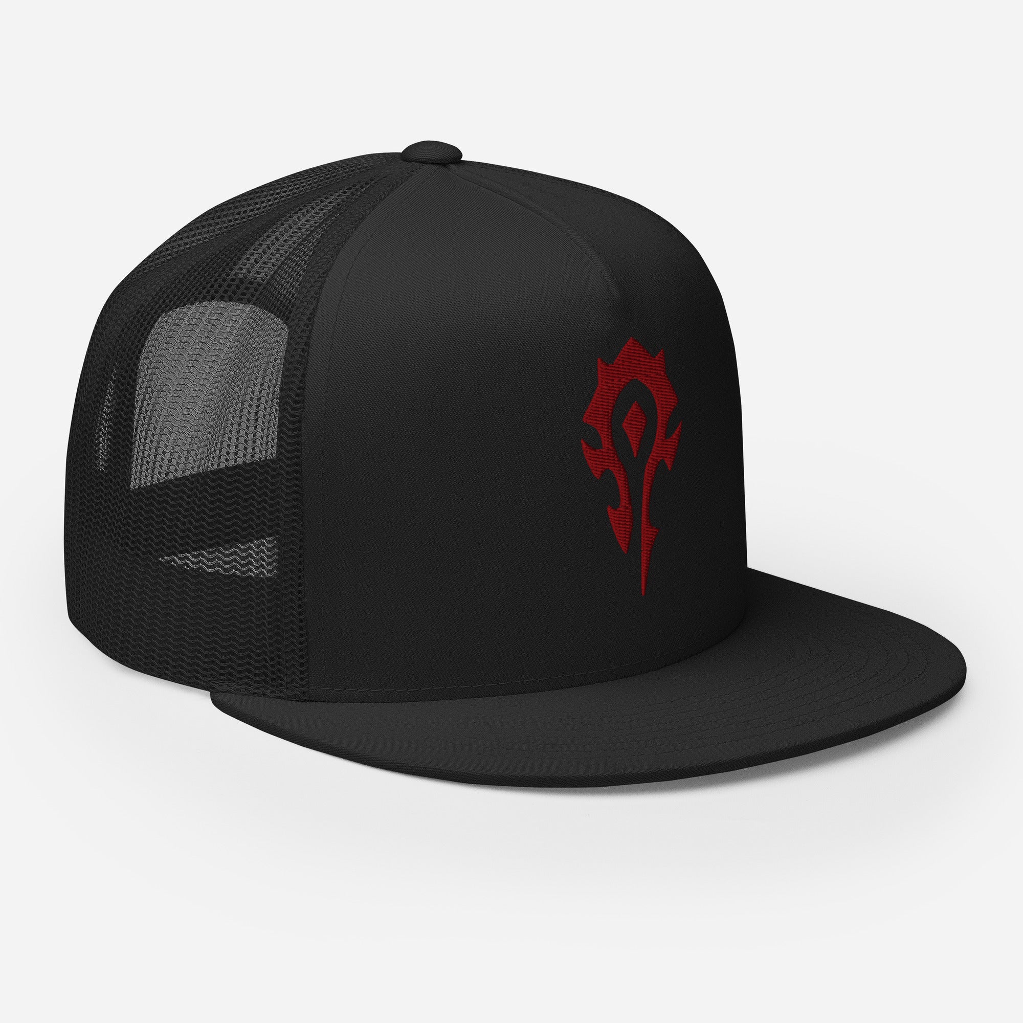 A World of Warcraft black trucker hat featuring the red horde crest on the front black panel, set against a white background facing right, this WoW Trucker Hat displays high quality embroidered horde emblem.