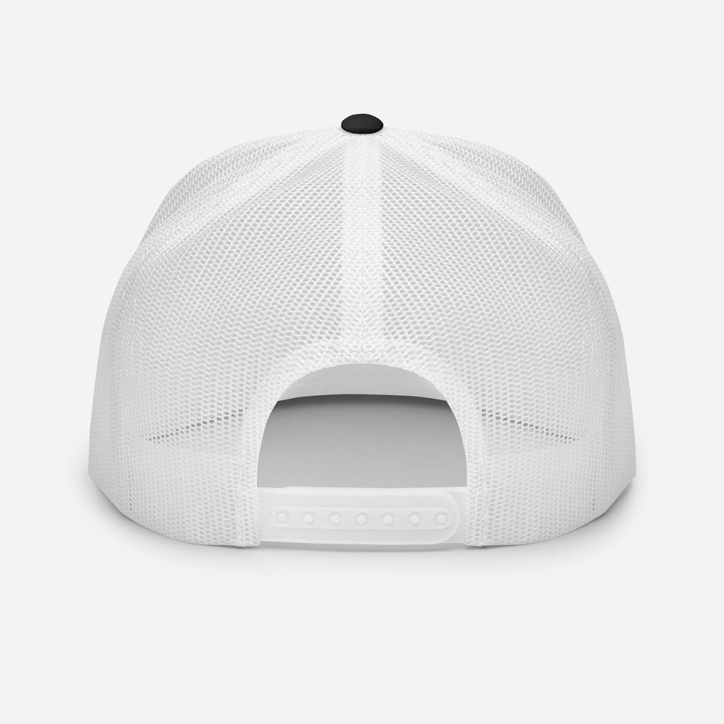 A World of Warcraft black and white trucker hat back view, set against a white background, this WoW Trucker Hat displays high quality snapback and mesh.