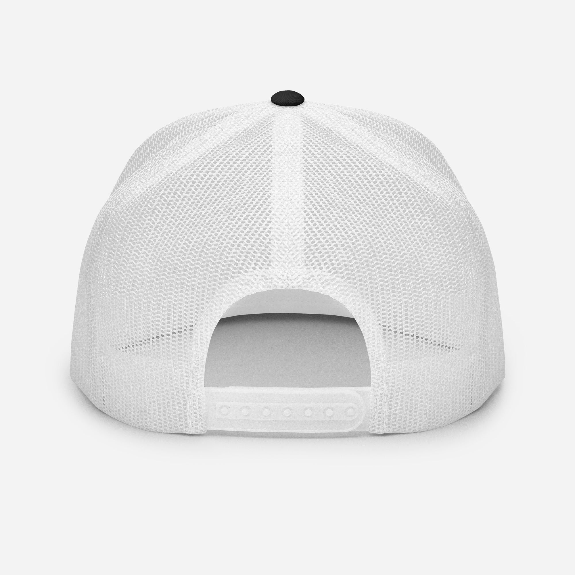 A World of Warcraft black and white trucker hat back view, set against a white background, this WoW Trucker Hat displays high quality snapback and mesh.