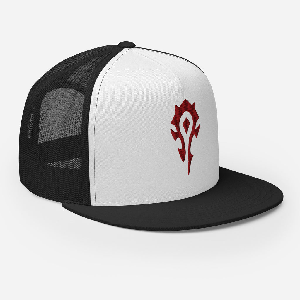 A World of Warcraft black and white trucker hat featuring the red horde crest on the front white panel, set against a white background, this WoW Trucker Hat displays high quality embroidered horde emblem.