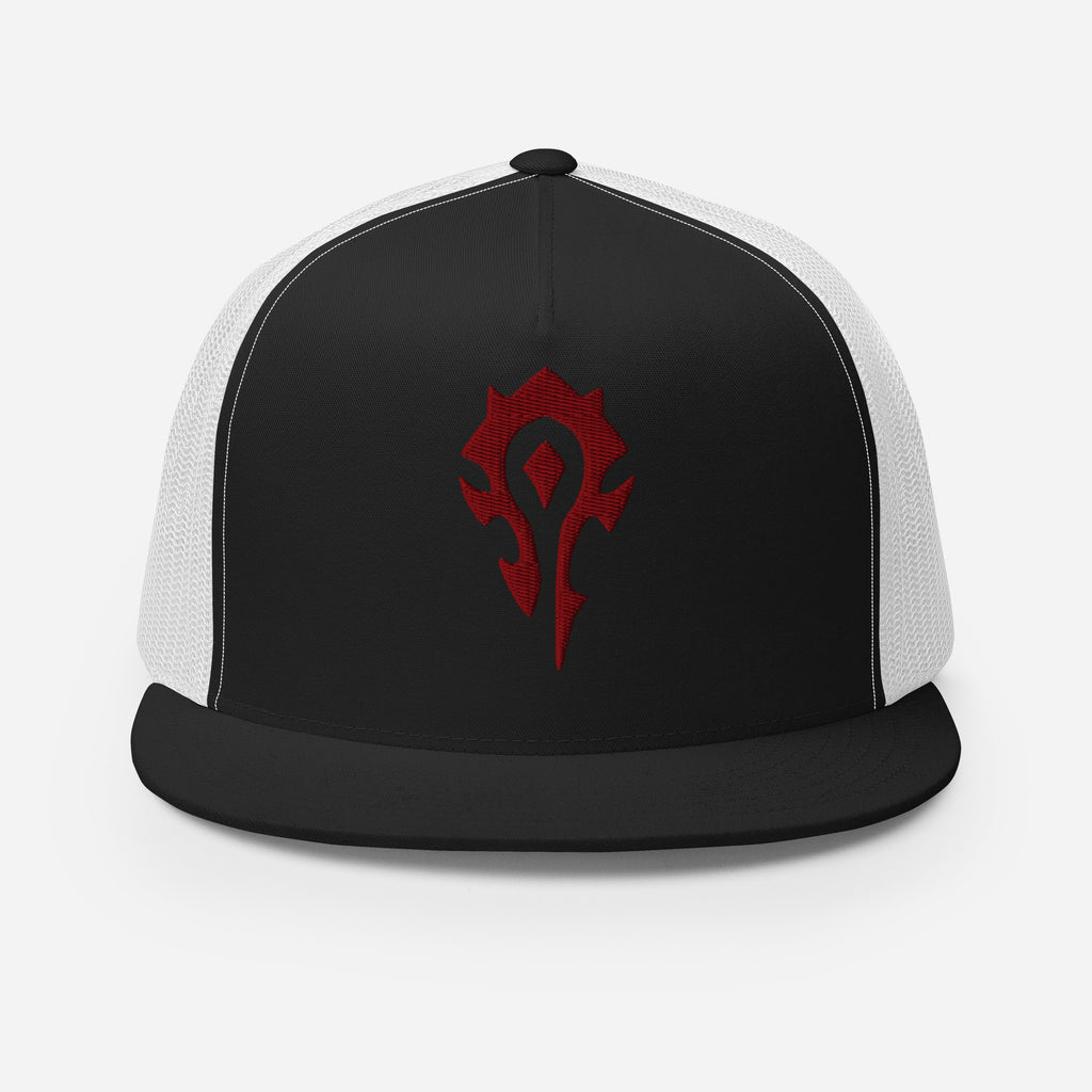A World of Warcraft black and white trucker hat featuring the red horde crest on the front black panel, set against a white background facing forward, this WoW Trucker Hat displays high quality embroidered horde emblem.
