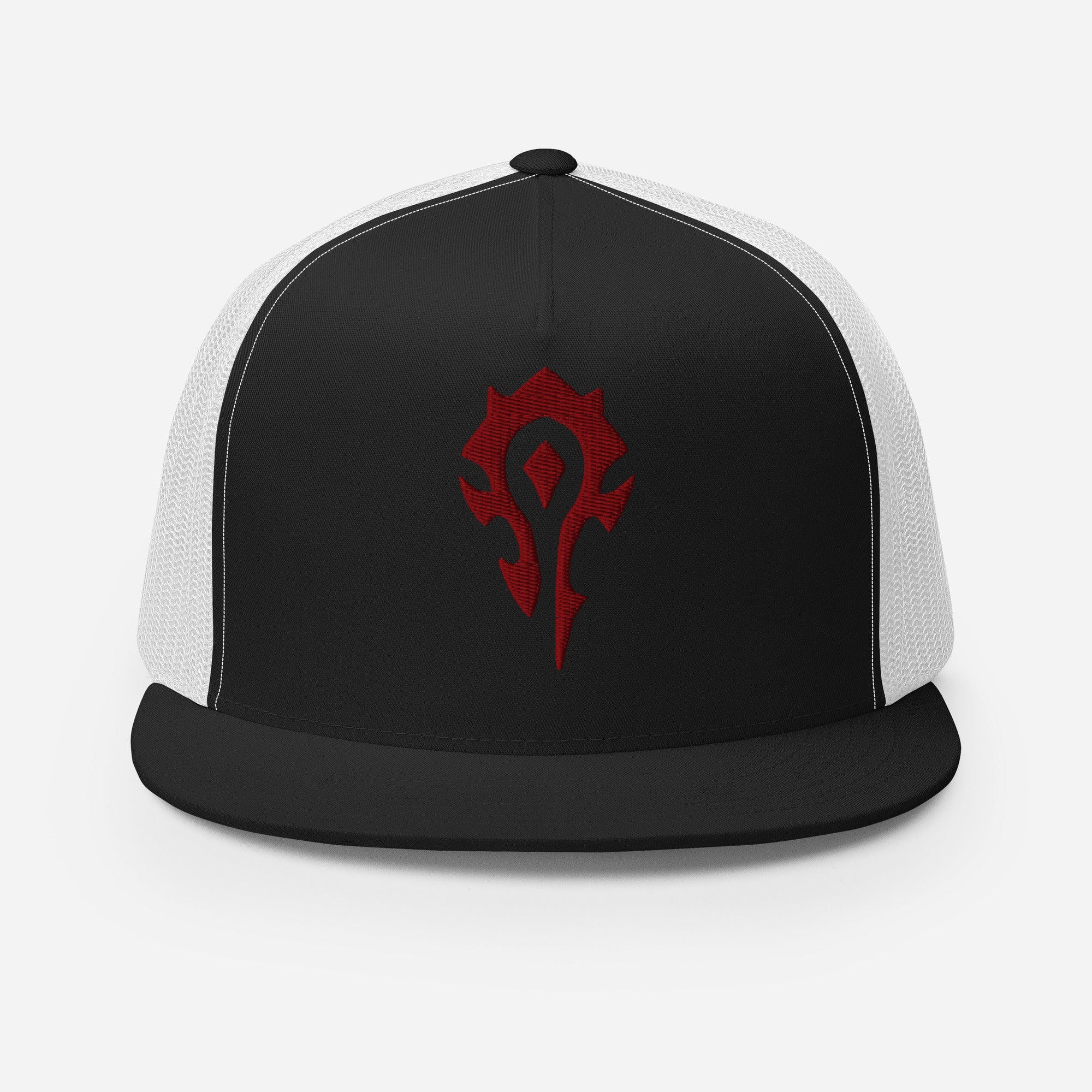 A World of Warcraft black and white trucker hat featuring the red horde crest on the front black panel, set against a white background facing forward, this WoW Trucker Hat displays high quality embroidered horde emblem.
