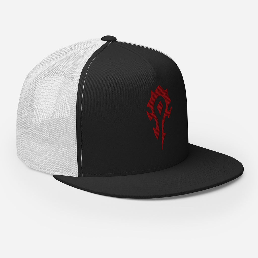 A World of Warcraft black and white trucker hat featuring the red horde crest on the front black panel, set against a white background facing to the right, this WoW Trucker Hat displays high quality embroidered horde emblem.