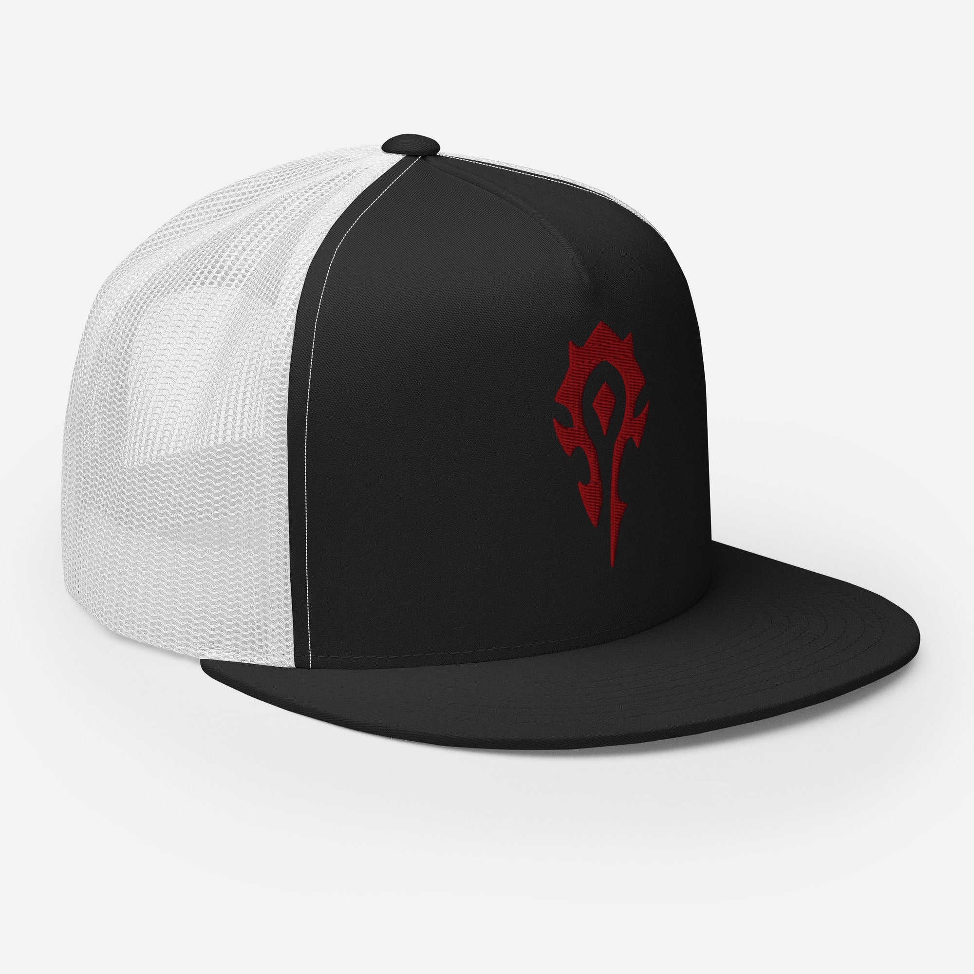 A World of Warcraft black and white trucker hat featuring the red horde crest on the front black panel, set against a white background facing to the right, this WoW Trucker Hat displays high quality embroidered horde emblem.