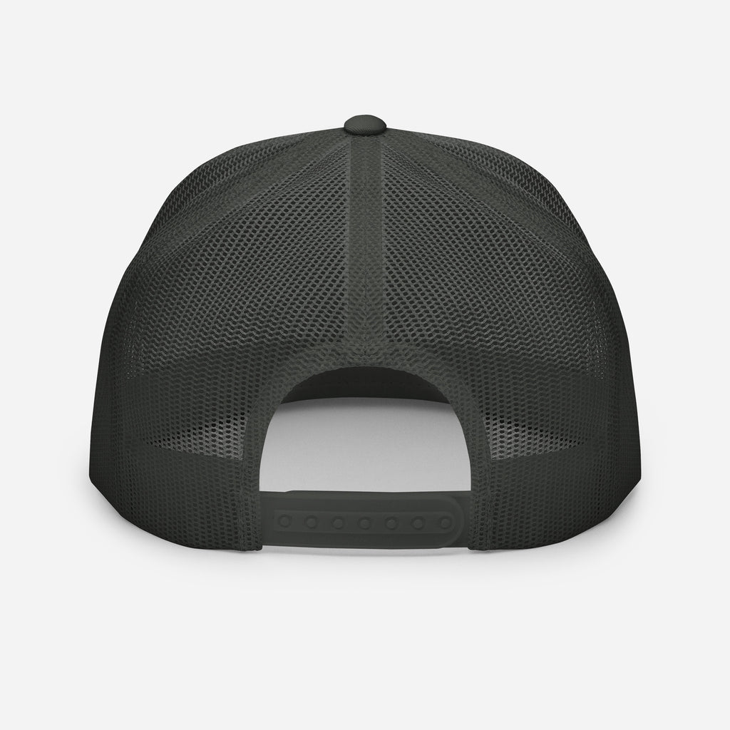 A World of Warcraft charcoal trucker hat back view, set against a white background, this WoW Trucker Hat displays high quality snapback and mesh.