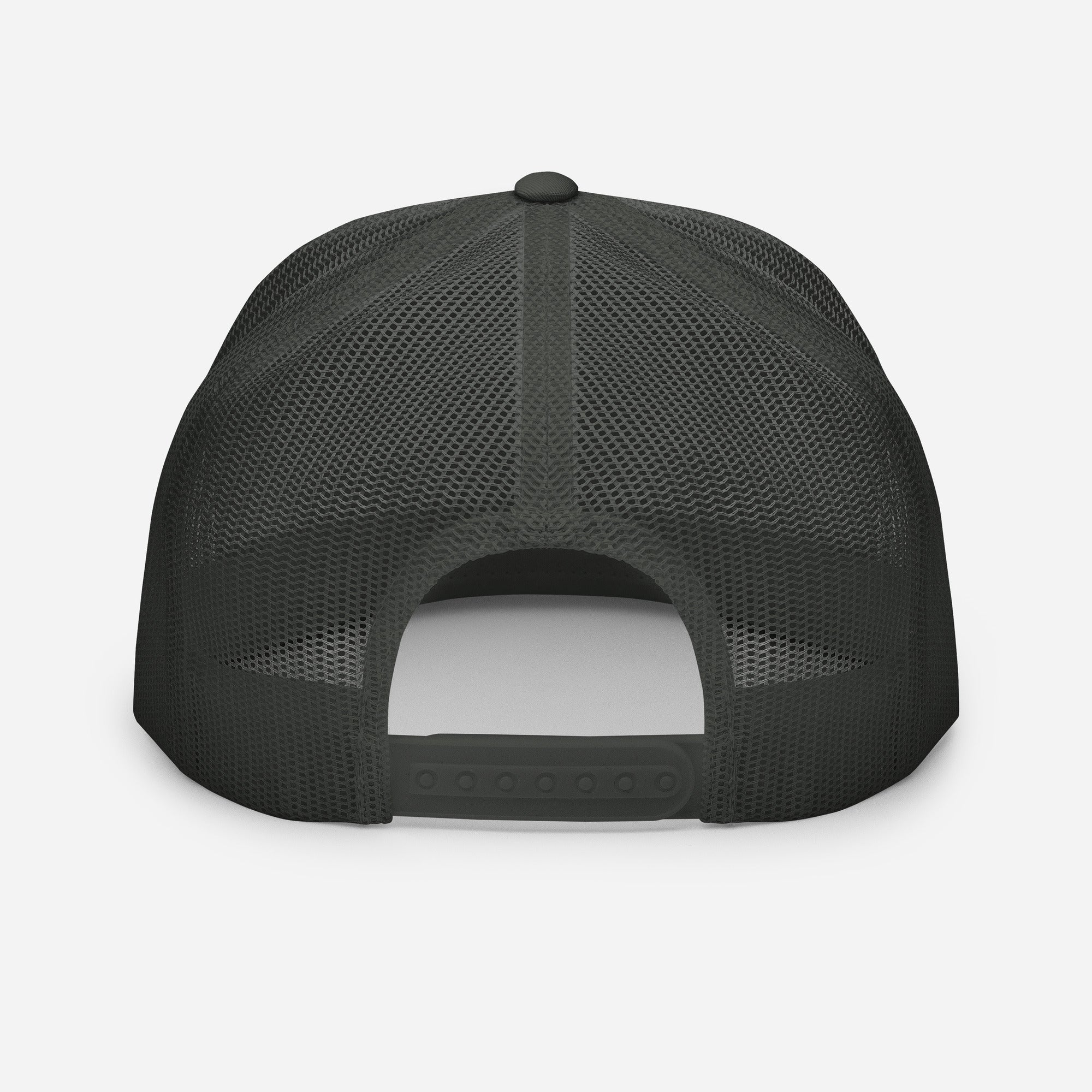 A World of Warcraft charcoal trucker hat back view, set against a white background, this WoW Trucker Hat displays high quality snapback and mesh.