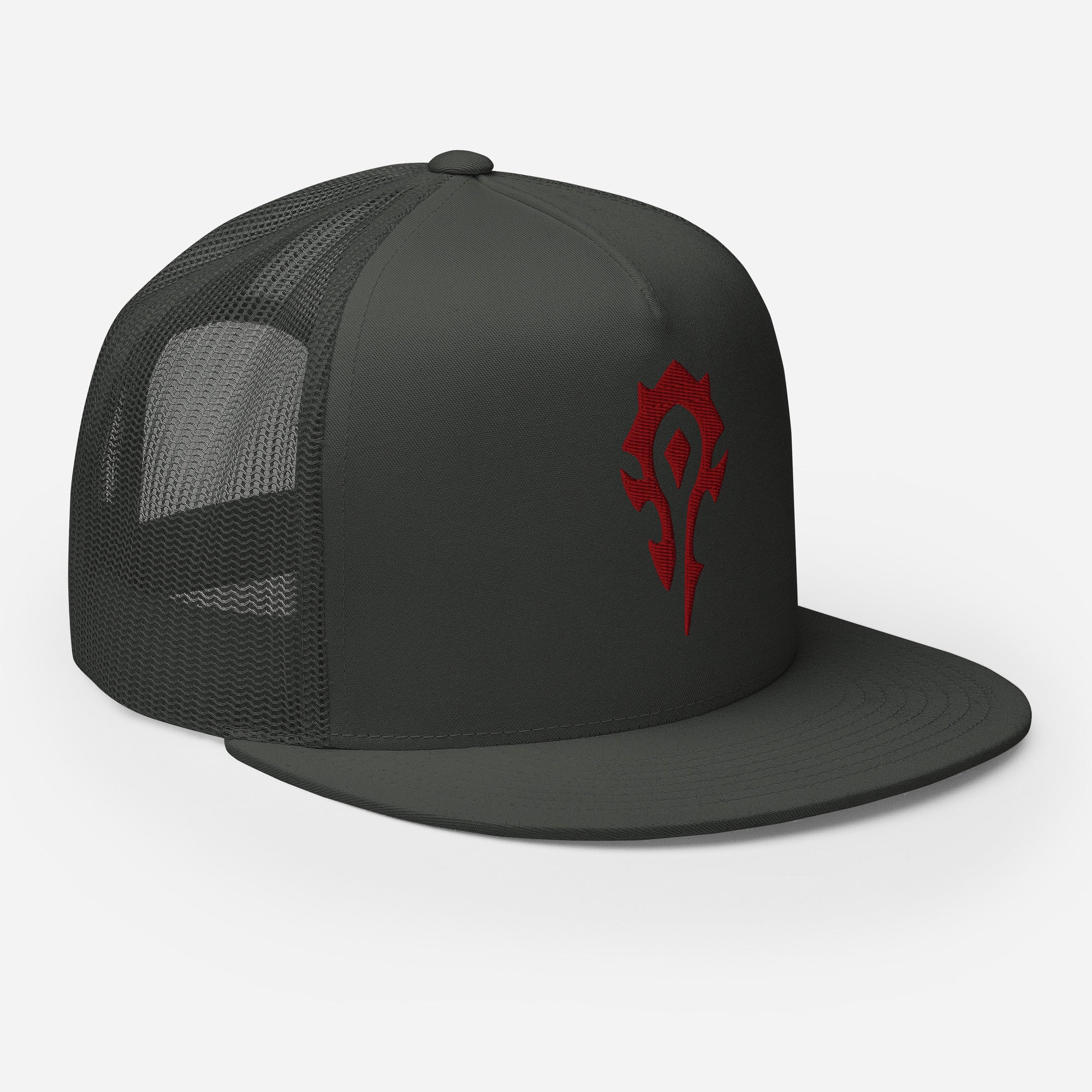 A World of Warcraft charcoal trucker hat featuring the red horde crest on the front charcoal panel, set against a white background facing right, this WoW Trucker Hat displays high quality embroidered horde emblem.