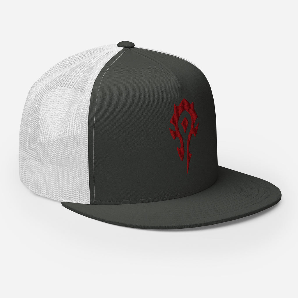 A World of Warcraft charcoal and white trucker hat featuring the red horde crest on the front charcoal panel, set against a white background facing right, this WoW Trucker Hat displays high quality embroidered horde emblem.