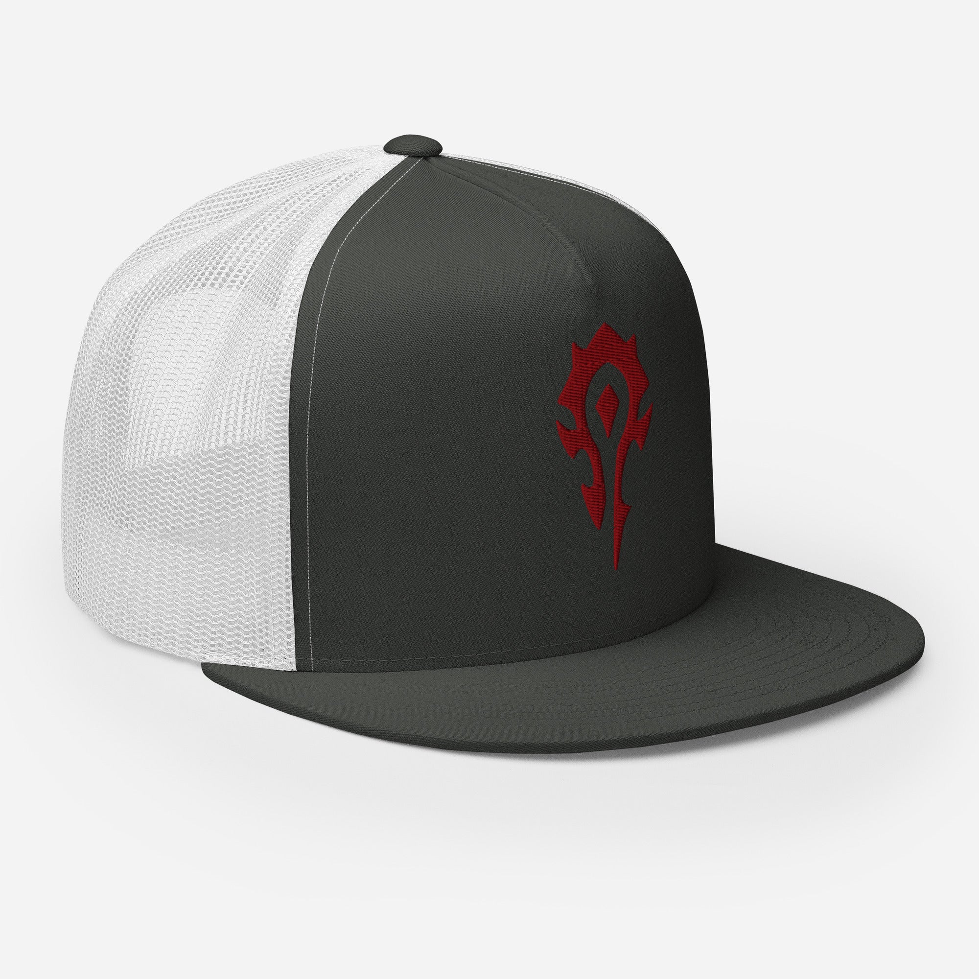 A World of Warcraft charcoal and white trucker hat featuring the red horde crest on the front charcoal panel, set against a white background facing right, this WoW Trucker Hat displays high quality embroidered horde emblem.