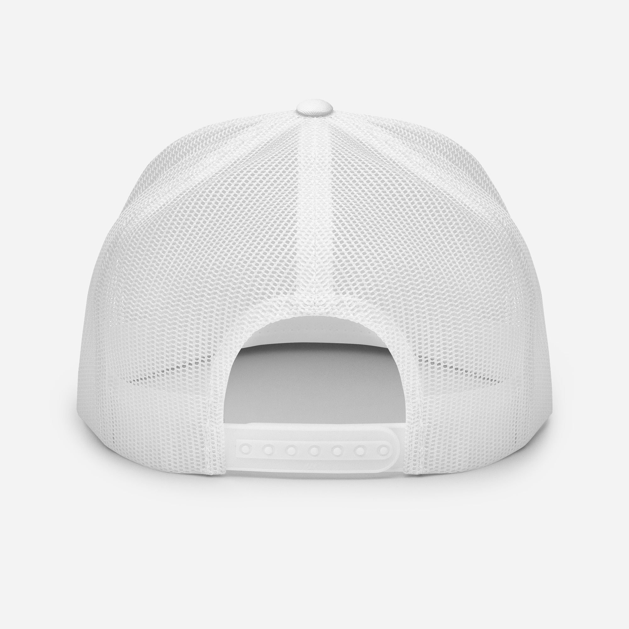A World of Warcraft white trucker hat back view, set against a white background, this WoW Trucker Hat displays high quality snapback and mesh.