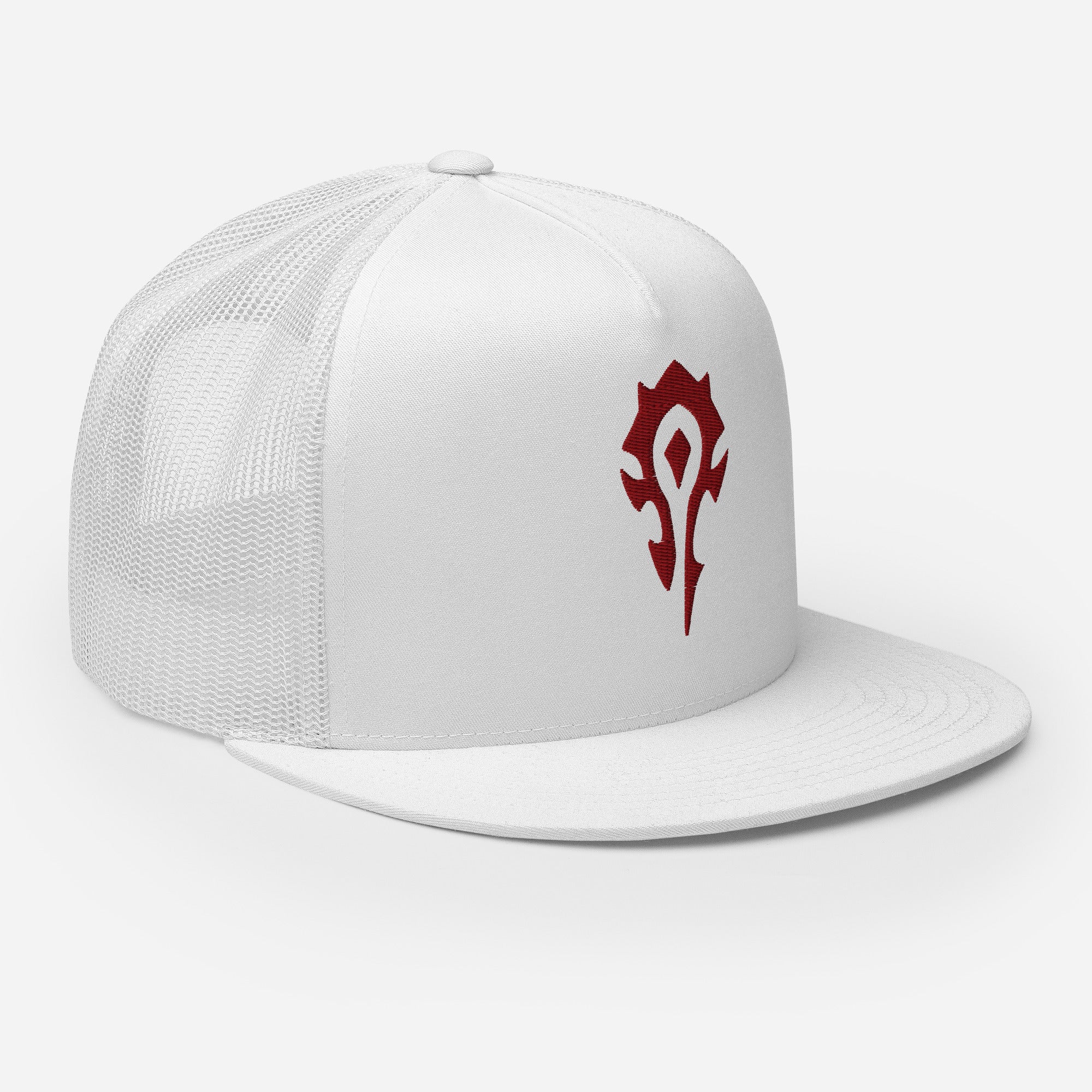 A World of Warcraft white trucker hat featuring the red horde crest on the front white panel facing right, set against a white background, this WoW Trucker Hat displays high quality embroidered horde emblem.