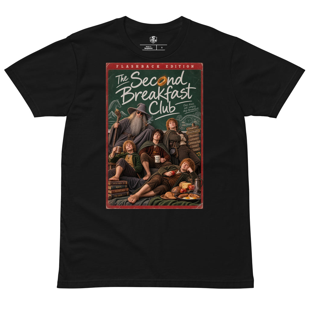 A black short-sleeve lord of the rings t-shirt with a large graphic print on the front featuring character parody of 'The Second Breakfast Club' in a vintage comic-book / dvd video style. The graphic includes the text 'FLASHBACK EDITION' and 'The Second Breakfast Club'.