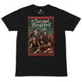 A black short-sleeve lord of the rings t-shirt with a large graphic print on the front featuring character parody of 'The Second Breakfast Club' in a vintage comic-book / dvd video style. The graphic includes the text 'FLASHBACK EDITION' and 'The Second Breakfast Club'.