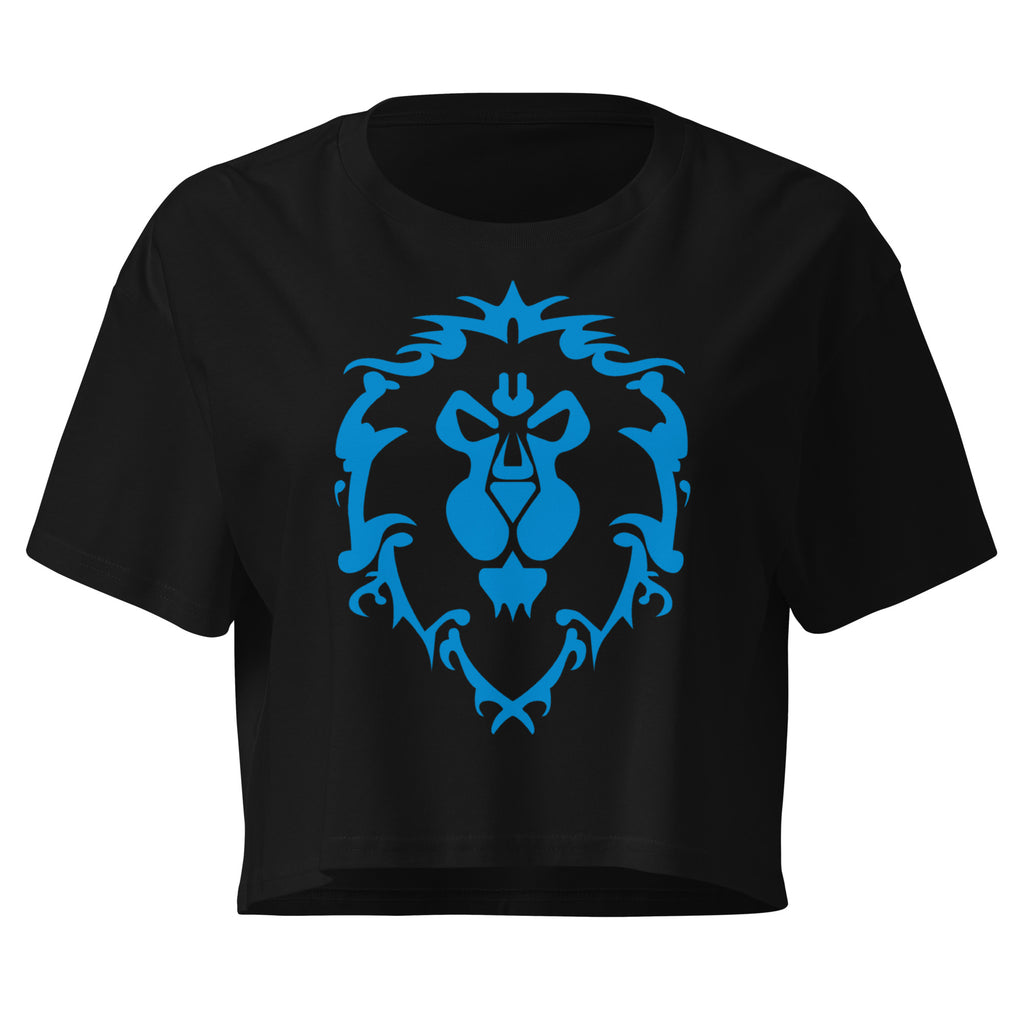 Black crop top shirt with the World of Warcraft Alliance Crest on the front in blue