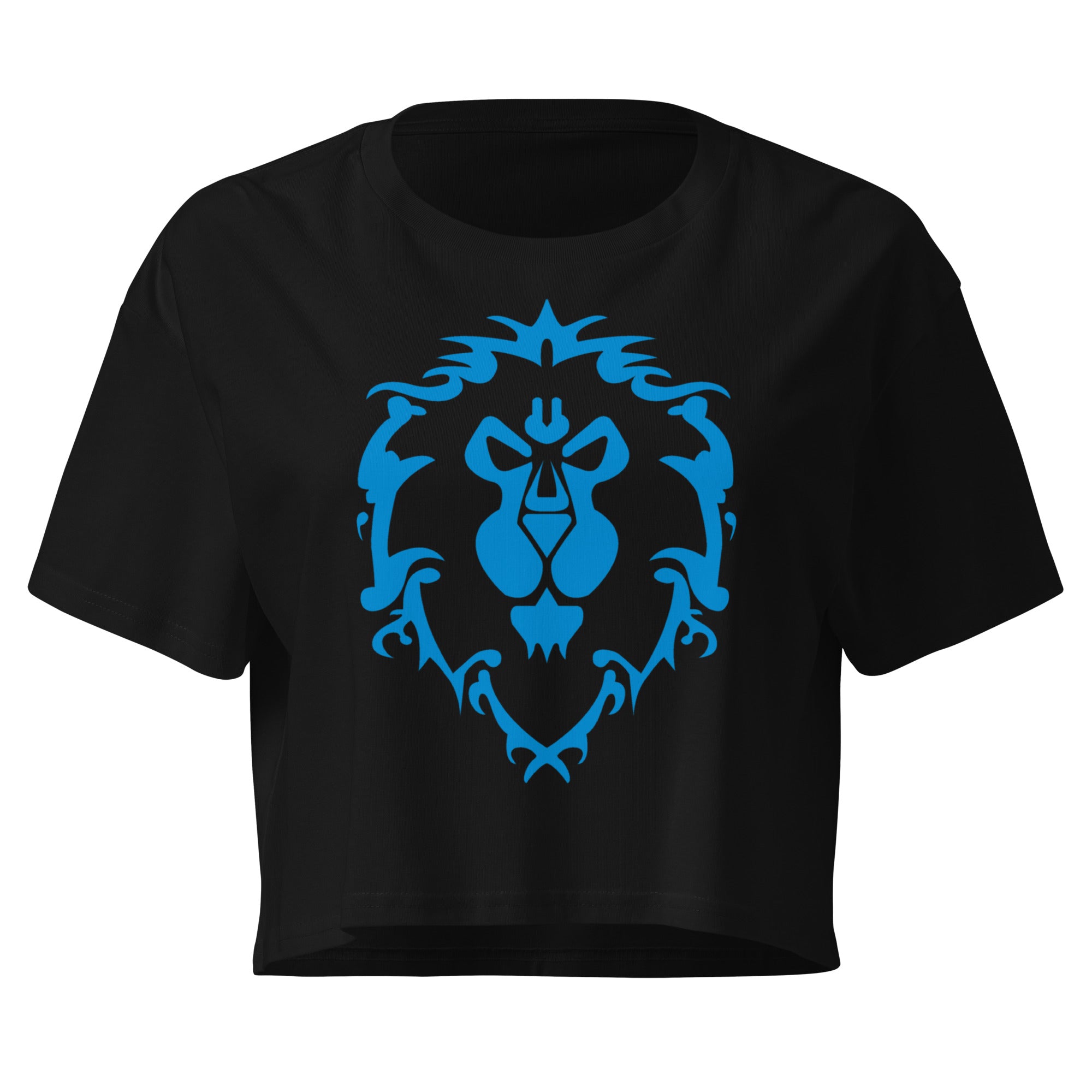 Black crop top shirt with the World of Warcraft Alliance Crest on the front in blue
